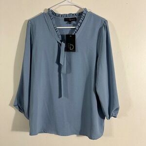 Fred David Blouse Womens Small Blue NEW Ruffle Tie Neck 3/4 Sleeve J Top